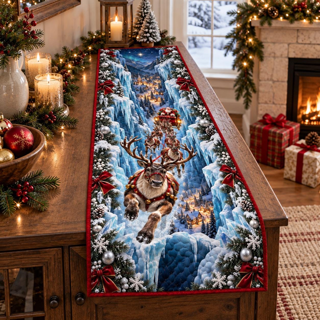 Santa Reindeer Christmas Table Runner – 3D Illusion Icy Village Quilted Flying Sleigh Holiday Dining Decor - photo 2
