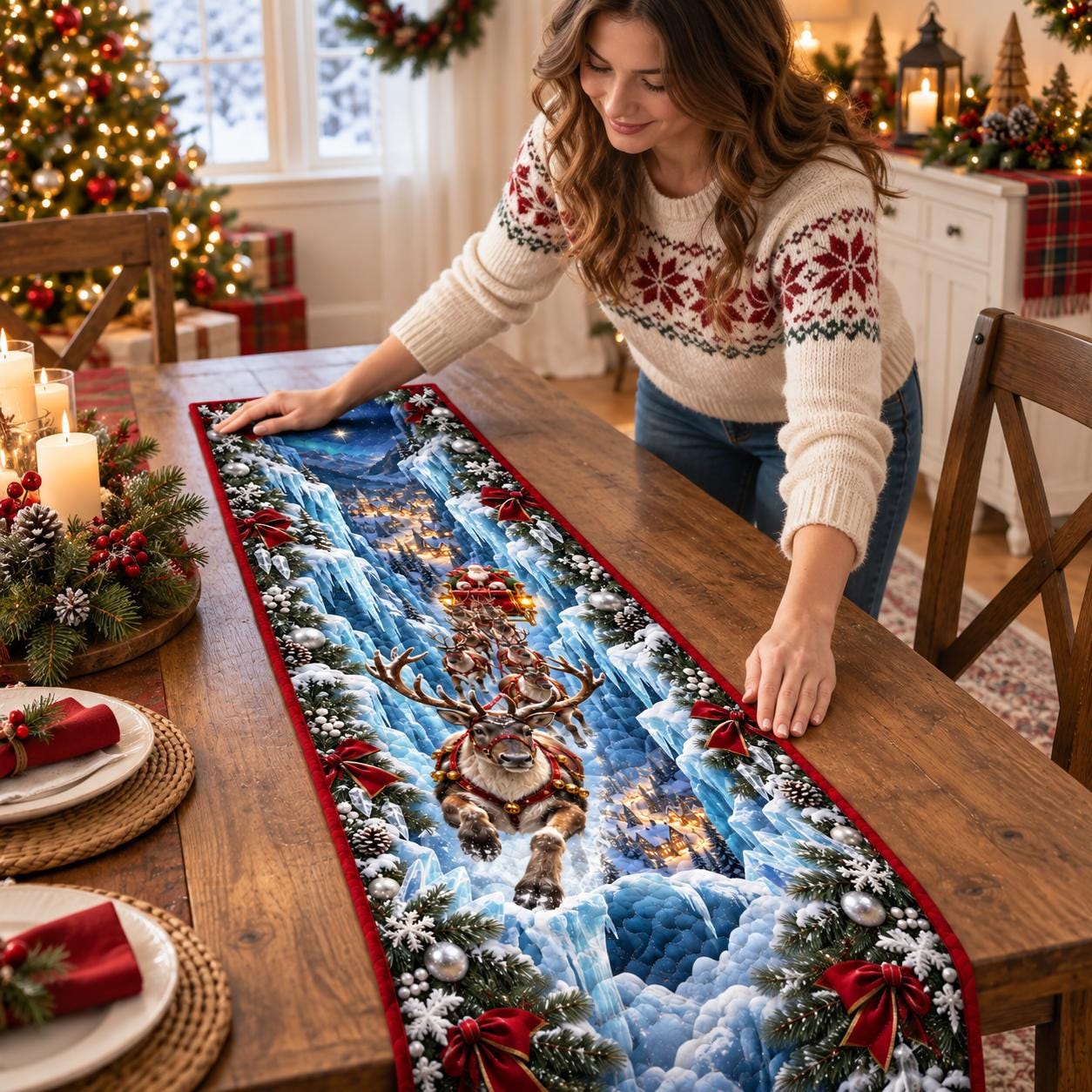 Santa Reindeer Christmas Table Runner – 3D Illusion Icy Village Quilted Flying Sleigh Holiday Dining Decor - photo 4