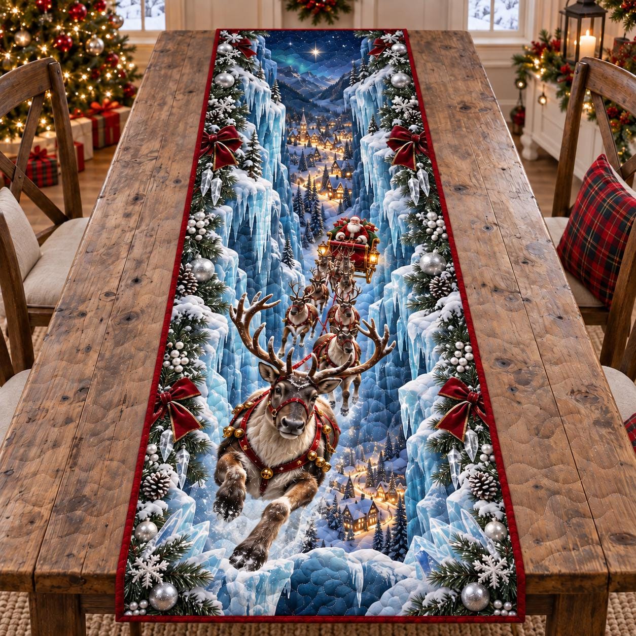 Santa Reindeer Christmas Table Runner – 3D Illusion Icy Village Quilted Flying Sleigh Holiday Dining Decor - photo 5