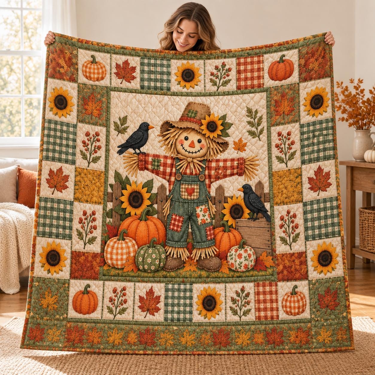 Scarecrow Fall Blanket – Pumpkin Sunflower Autumn Throw with Quilt Style Harvest Farmhouse Blanket and Cozy Thanksgiving Home Decor