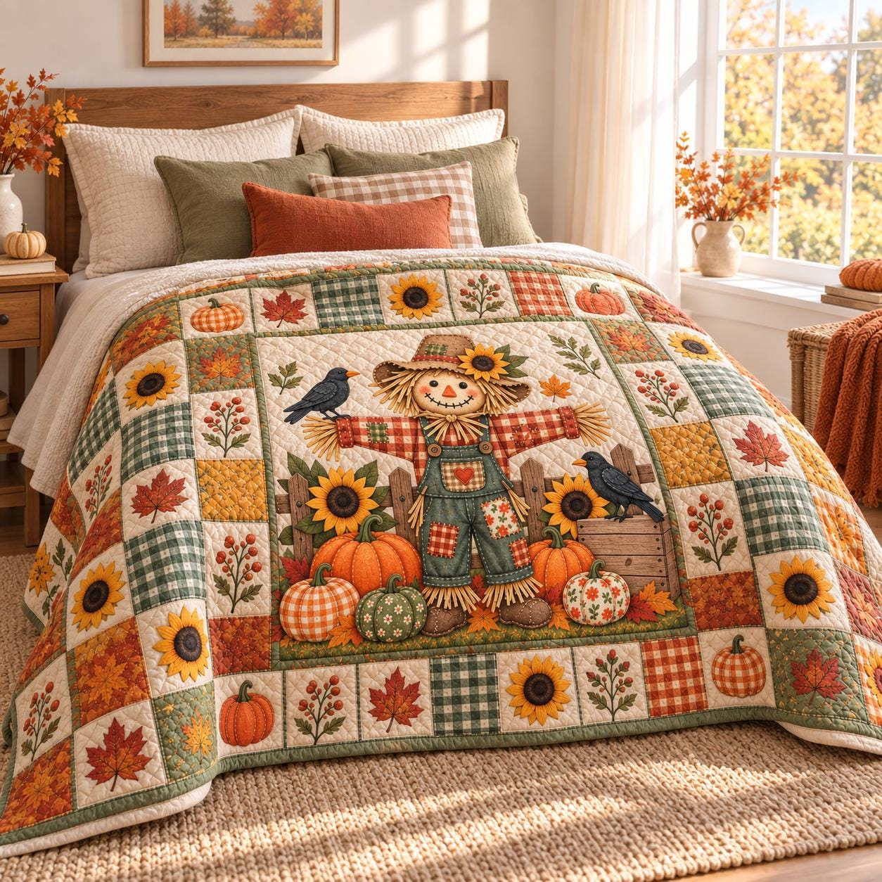 Scarecrow Fall Blanket – Pumpkin Sunflower Autumn Throw with Quilt Style Harvest Farmhouse Blanket and Cozy Thanksgiving Home Decor - photo 2