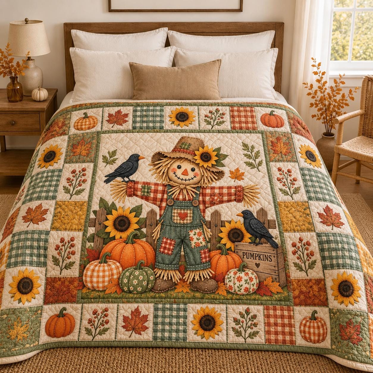 Scarecrow Fall Blanket – Pumpkin Sunflower Autumn Throw with Quilt Style Harvest Farmhouse Blanket and Cozy Thanksgiving Home Decor - photo 3