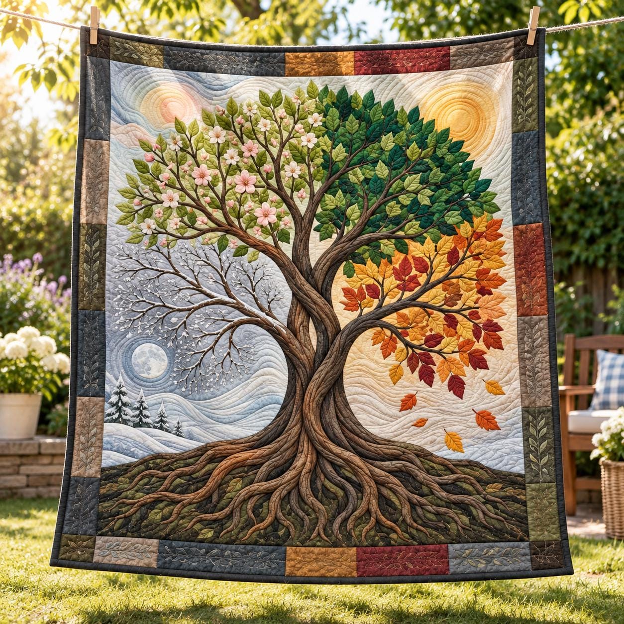 Four Seasons Tree of Life Blanket – Seasonal Nature Throw with Quilt Style Spring, Summer, Fall, Winter Tree Botanical Home Decor