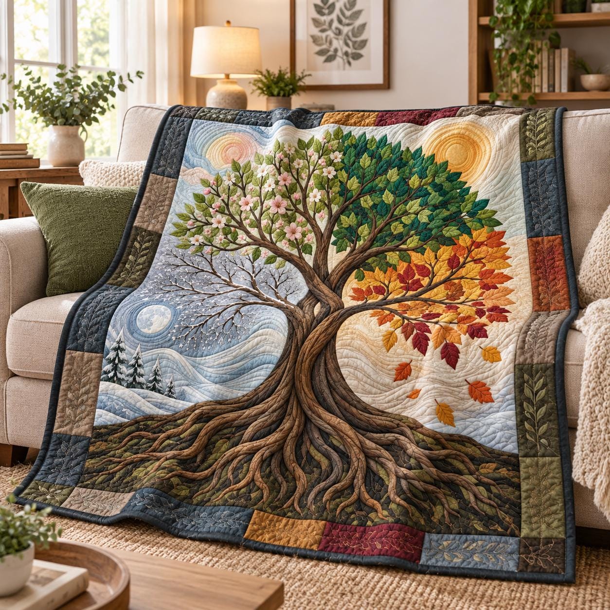 Four Seasons Tree of Life Blanket – Seasonal Nature Throw with Quilt Style Spring, Summer, Fall, Winter Tree Botanical Home Decor - photo 2