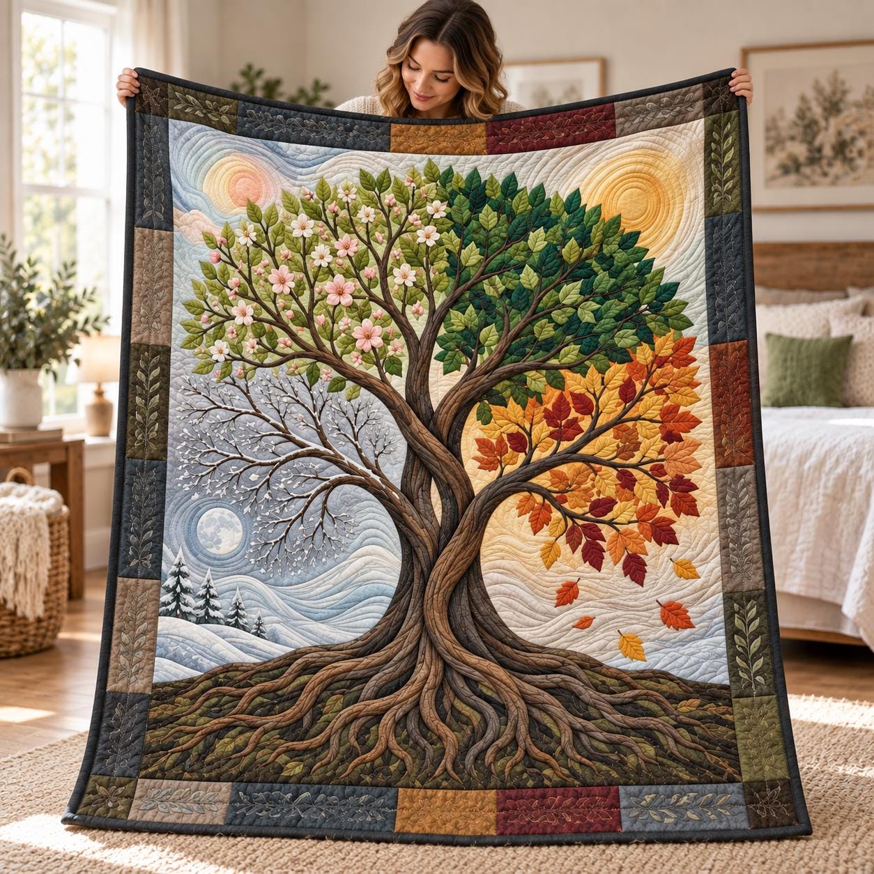 Four Seasons Tree of Life Blanket – Seasonal Nature Throw with Quilt Style Spring, Summer, Fall, Winter Tree Botanical Home Decor - photo 5