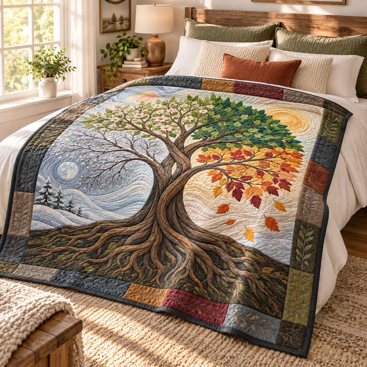 Four Seasons Tree of Life Blanket – Seasonal Nature Throw with Quilt Style Spring, Summer, Fall, Winter Tree Botanical Home Decor - photo 6