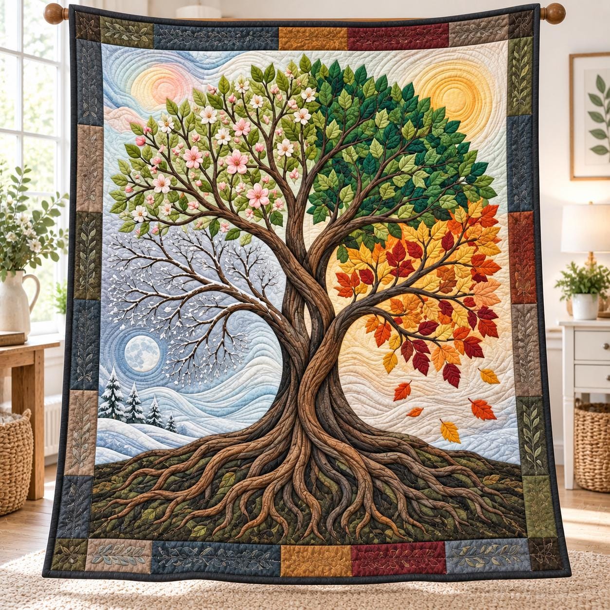 Four Seasons Tree of Life Blanket – Seasonal Nature Throw with Quilt Style Spring, Summer, Fall, Winter Tree Botanical Home Decor - photo 7