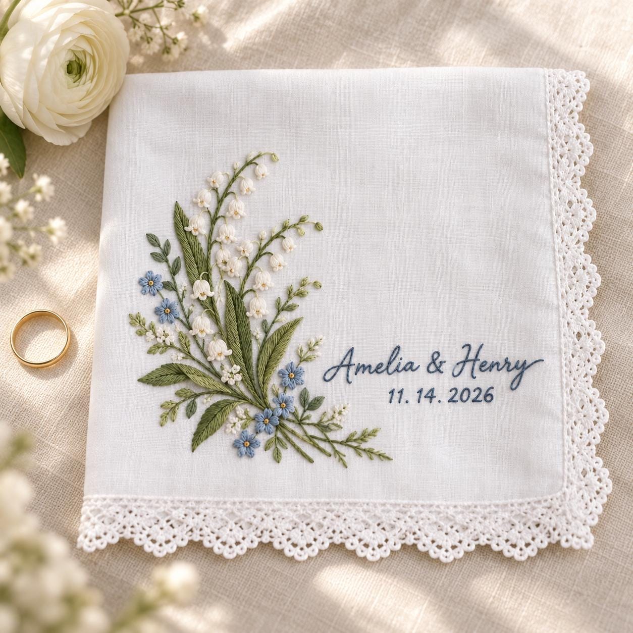 Personalized Embroidered Wedding Handkerchief – Lily of the Valley Bridal Hanky with Custom Couple Names and Date Lace Wedding Keepsake