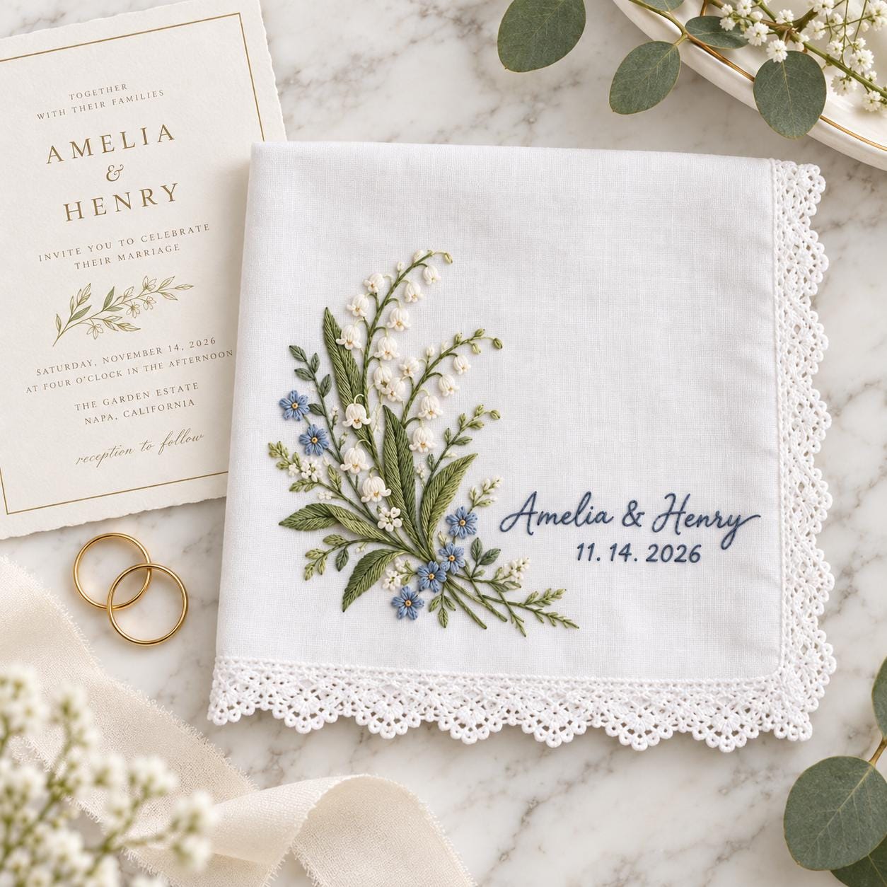 Personalized Embroidered Wedding Handkerchief – Lily of the Valley Bridal Hanky with Custom Couple Names and Date Lace Wedding Keepsake - photo 2