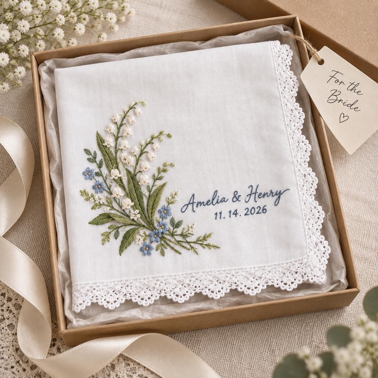 Personalized Embroidered Wedding Handkerchief – Lily of the Valley Bridal Hanky with Custom Couple Names and Date Lace Wedding Keepsake - photo 5