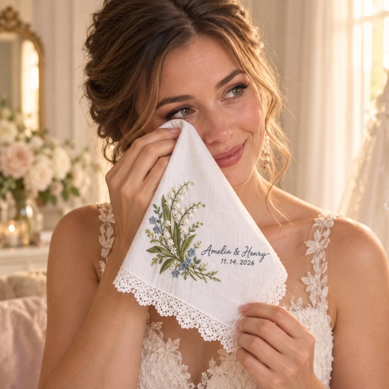 Personalized Embroidered Wedding Handkerchief – Lily of the Valley Bridal Hanky with Custom Couple Names and Date Lace Wedding Keepsake - photo 6
