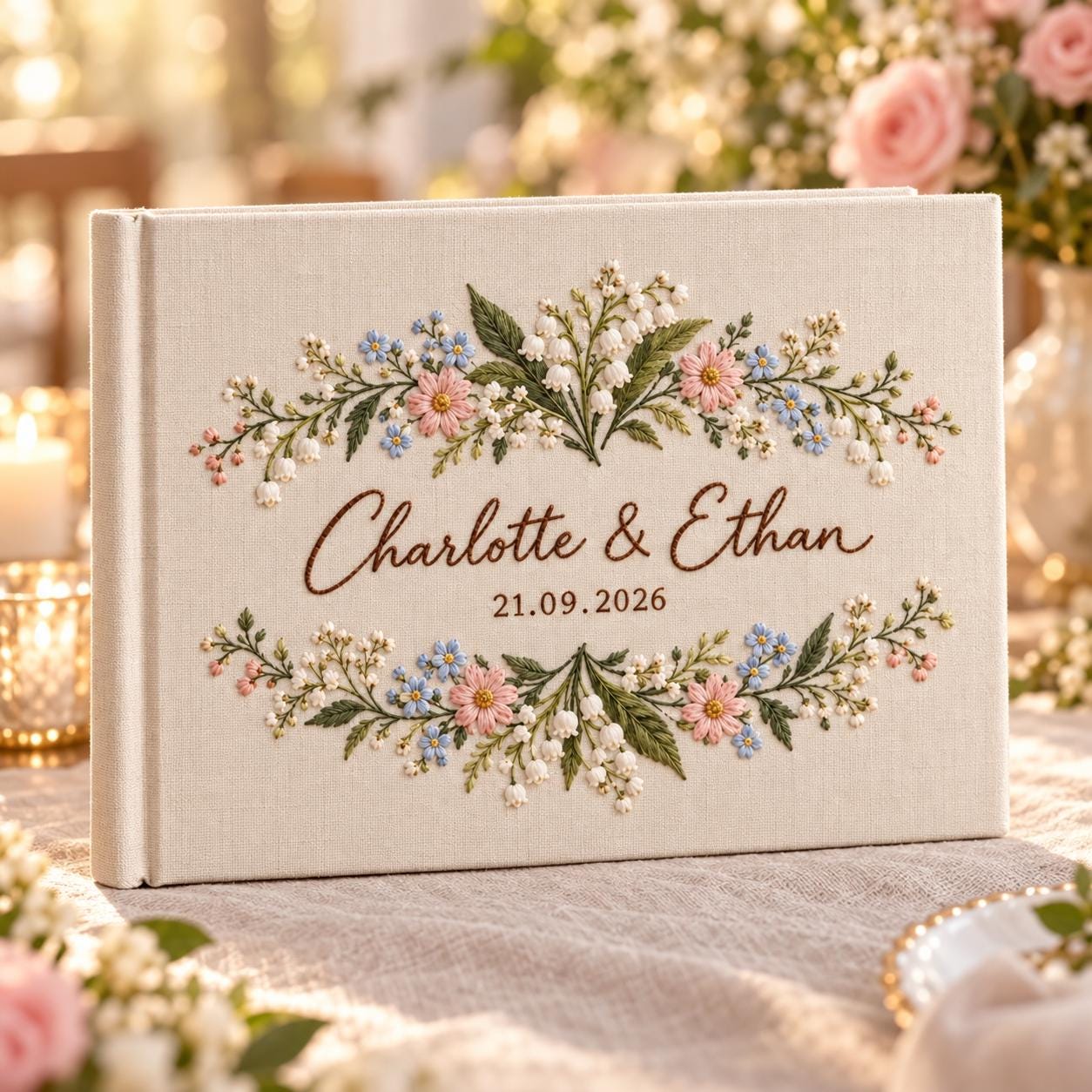 Personalized Wedding Guest Book – Embroidered Wildflower Guestbook Custom Couple Names Date Floral Keepsake