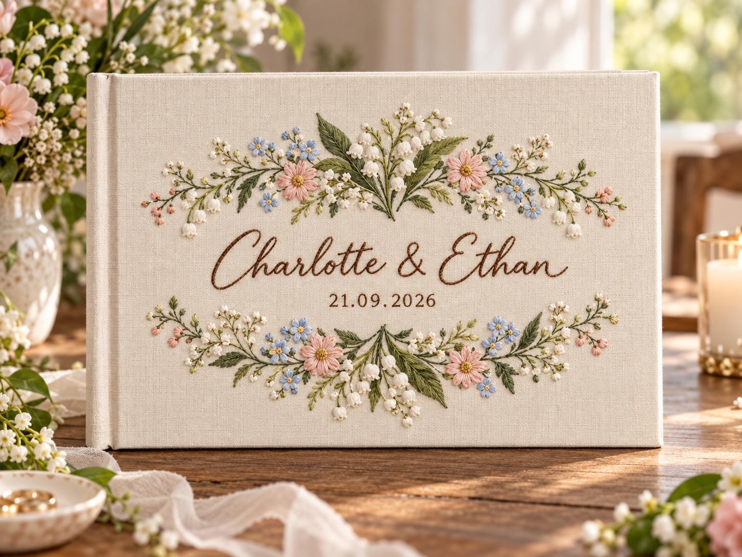 Personalized Wedding Guest Book – Embroidered Wildflower Guestbook Custom Couple Names Date Floral Keepsake - photo 2