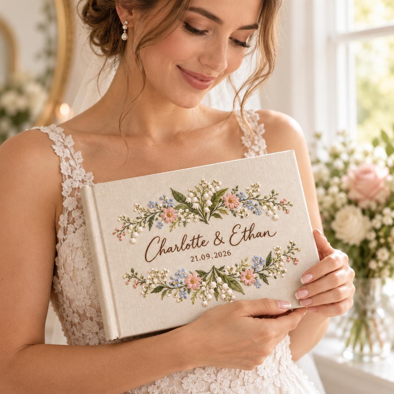 Personalized Wedding Guest Book – Embroidered Wildflower Guestbook Custom Couple Names Date Floral Keepsake - photo 3
