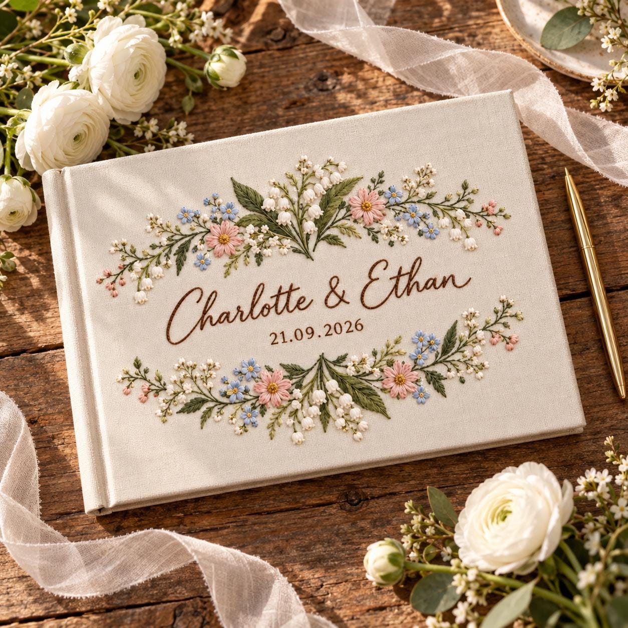 Personalized Wedding Guest Book – Embroidered Wildflower Guestbook Custom Couple Names Date Floral Keepsake - photo 8