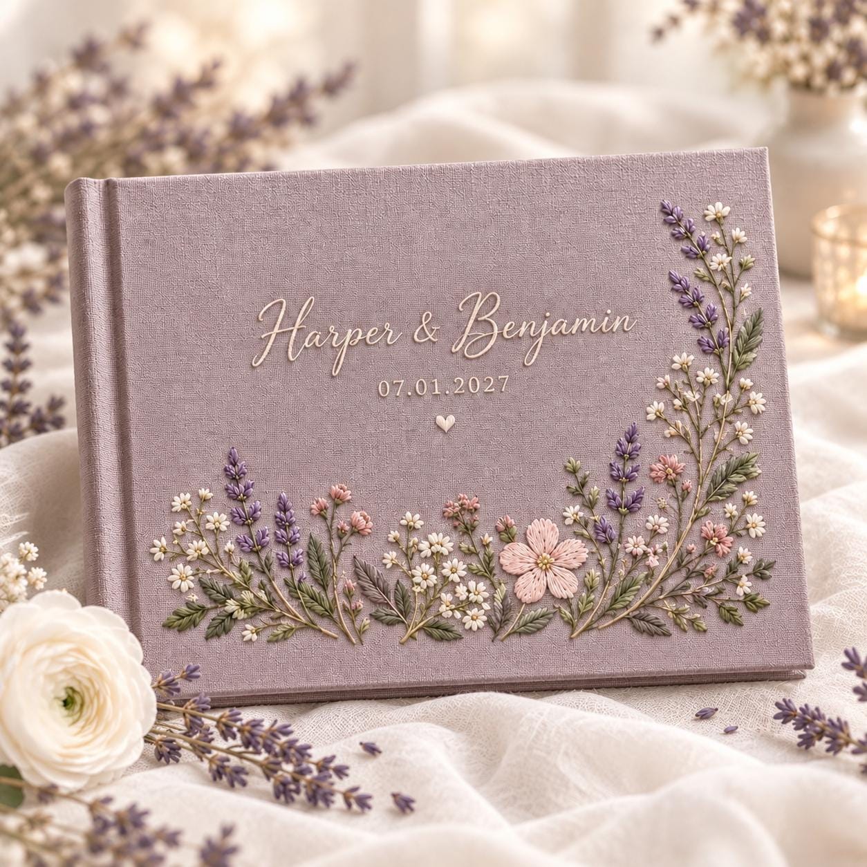 Personalized Wedding Guest Book – Embroidered Lavender Floral Guestbook Custom Couple Names Date Mauve Keepsake