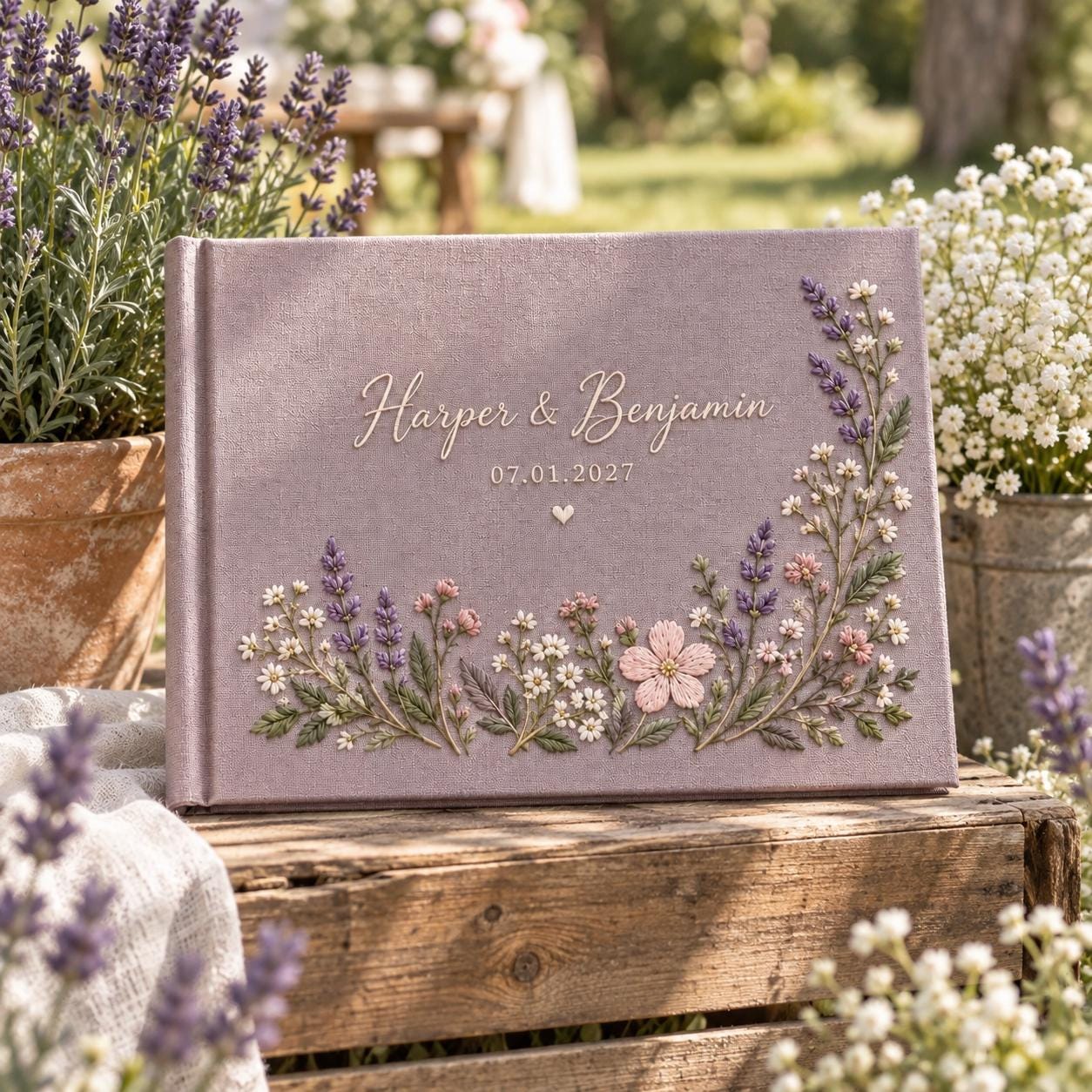 Personalized Wedding Guest Book – Embroidered Lavender Floral Guestbook Custom Couple Names Date Mauve Keepsake - photo 2