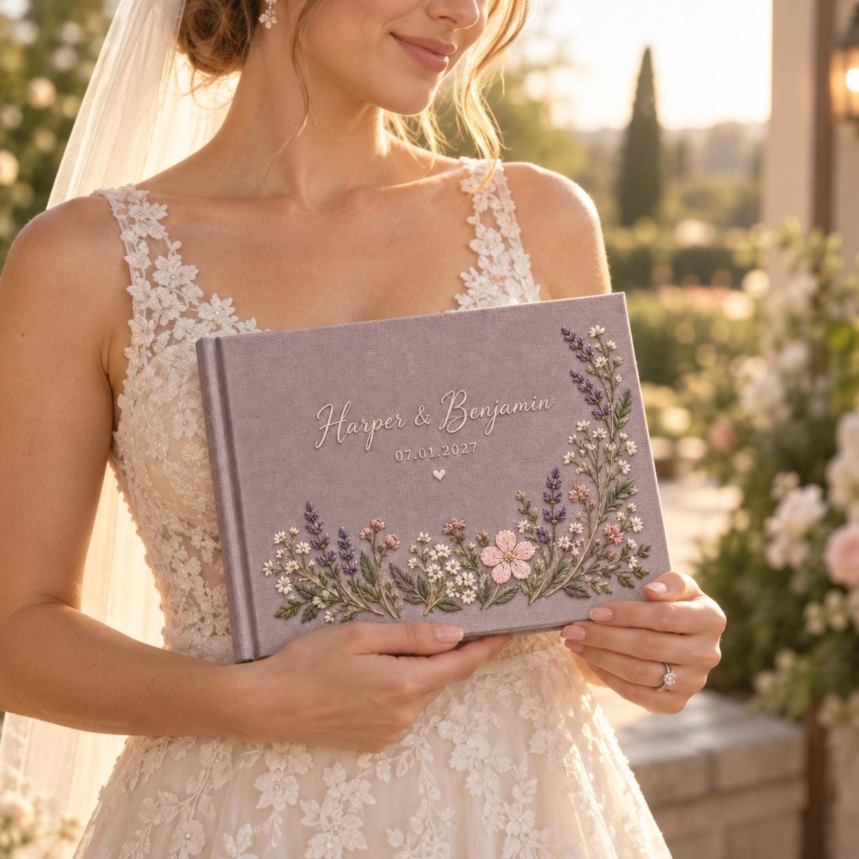 Personalized Wedding Guest Book – Embroidered Lavender Floral Guestbook Custom Couple Names Date Mauve Keepsake - photo 3