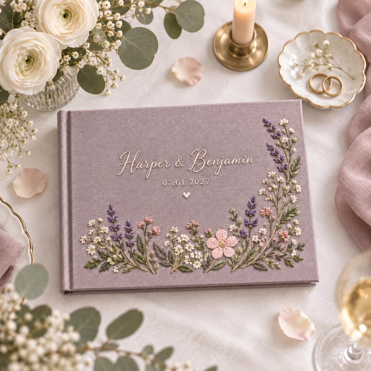 Personalized Wedding Guest Book – Embroidered Lavender Floral Guestbook Custom Couple Names Date Mauve Keepsake - photo 8