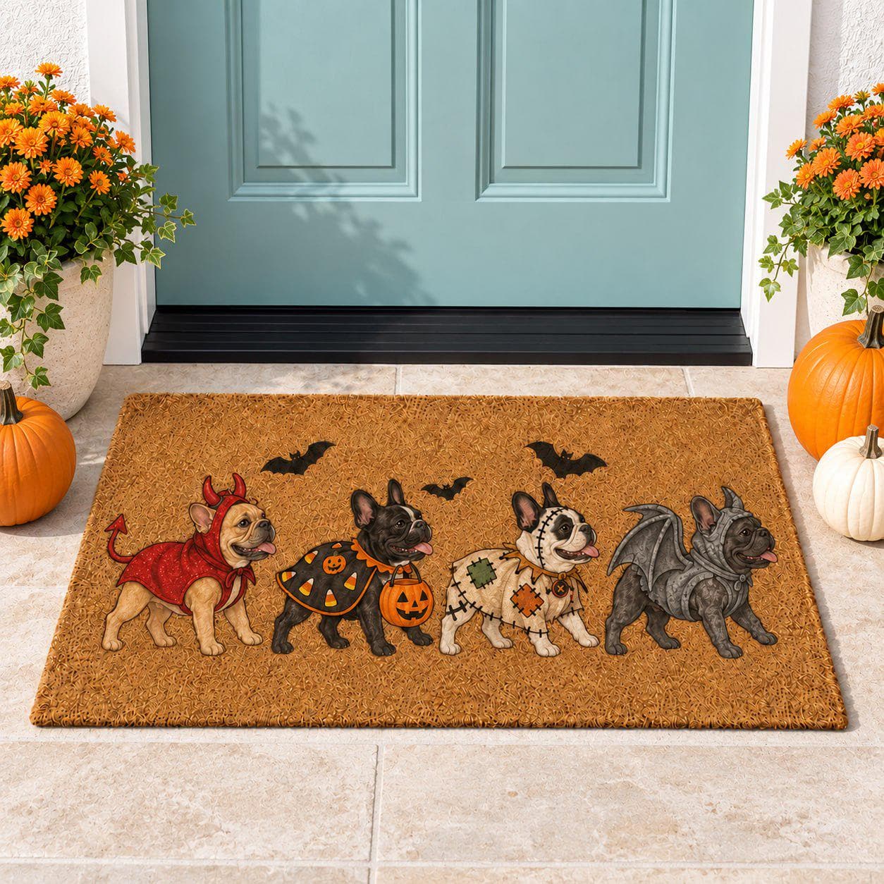 Funny Halloween Coir Doormat with Devil Costume French Bulldog Frenchie – Candy Corn Patchwork Porch Decor Welcome Mat and Dog Lover Gift