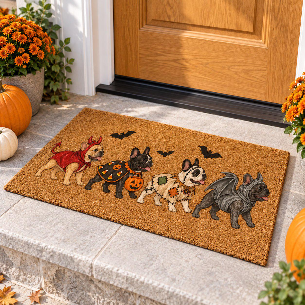 Funny Halloween Coir Doormat with Devil Costume French Bulldog Frenchie – Candy Corn Patchwork Porch Decor Welcome Mat and Dog Lover Gift - photo 2