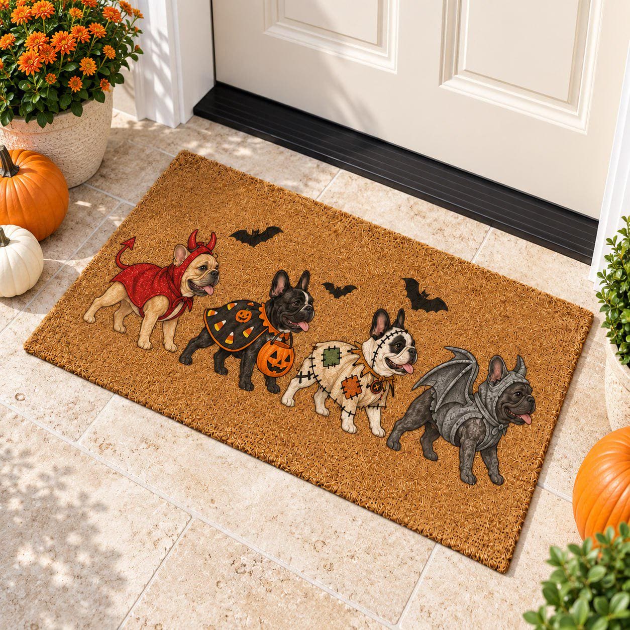 Funny Halloween Coir Doormat with Devil Costume French Bulldog Frenchie – Candy Corn Patchwork Porch Decor Welcome Mat and Dog Lover Gift - photo 4