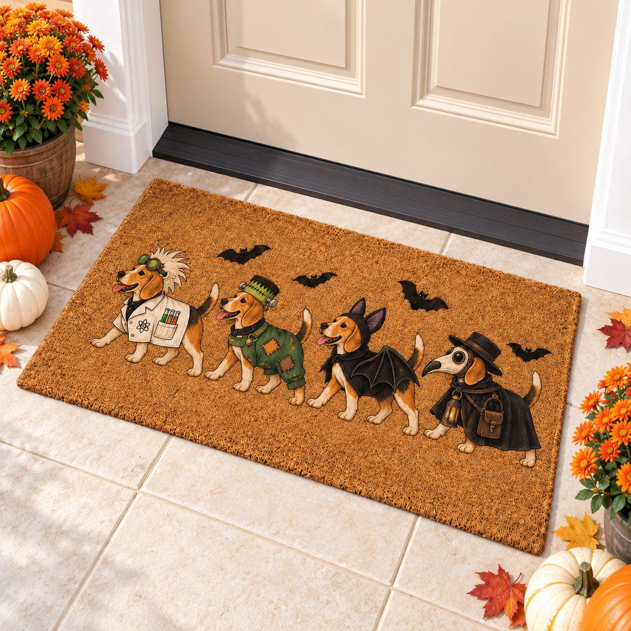 Funny Halloween Coir Doormat with Scientist Frankenstein Costume Beagle – Plague Doctor Bat Decor Welcome Mat and Dog Lover Gift