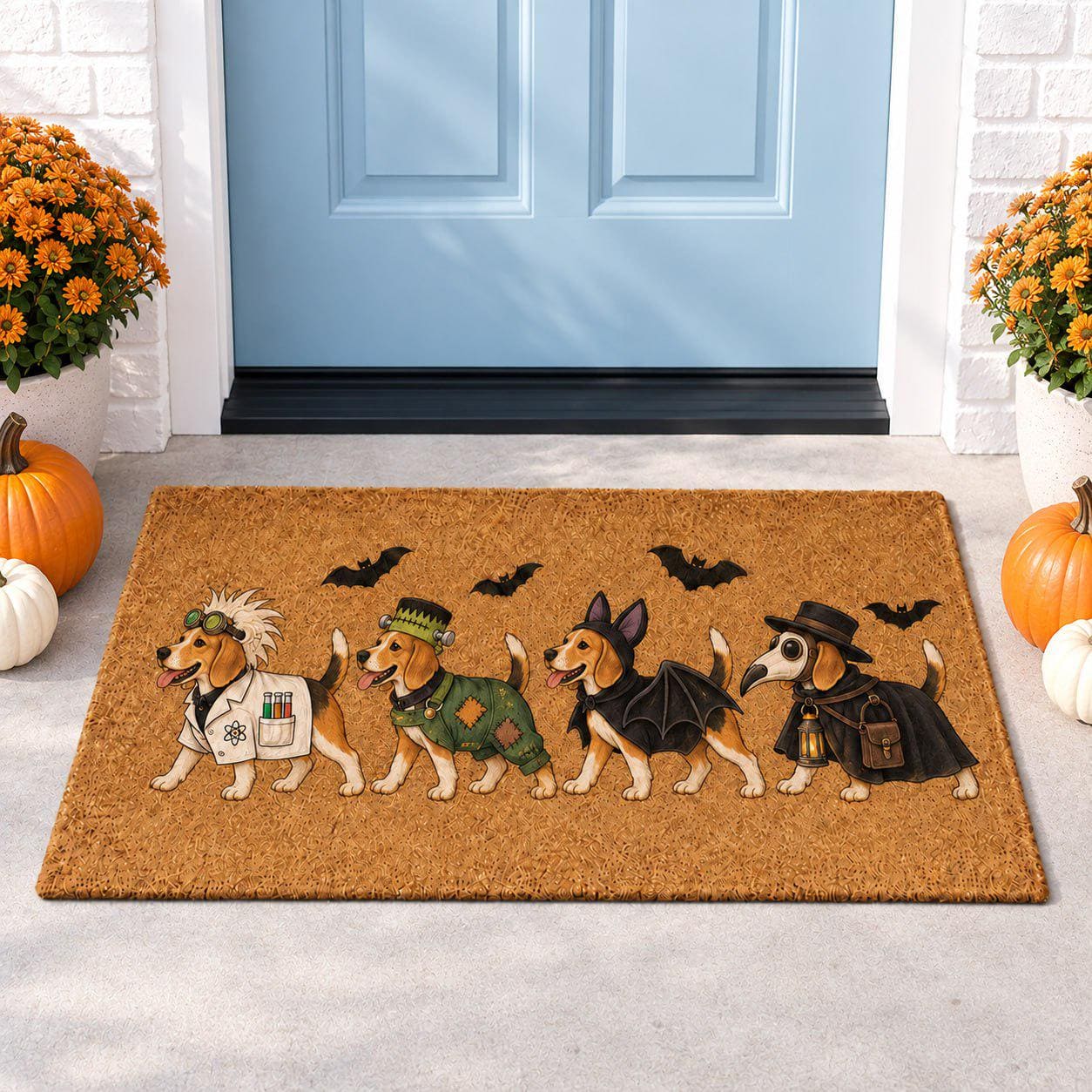 Funny Halloween Coir Doormat with Scientist Frankenstein Costume Beagle – Plague Doctor Bat Decor Welcome Mat and Dog Lover Gift - photo 2