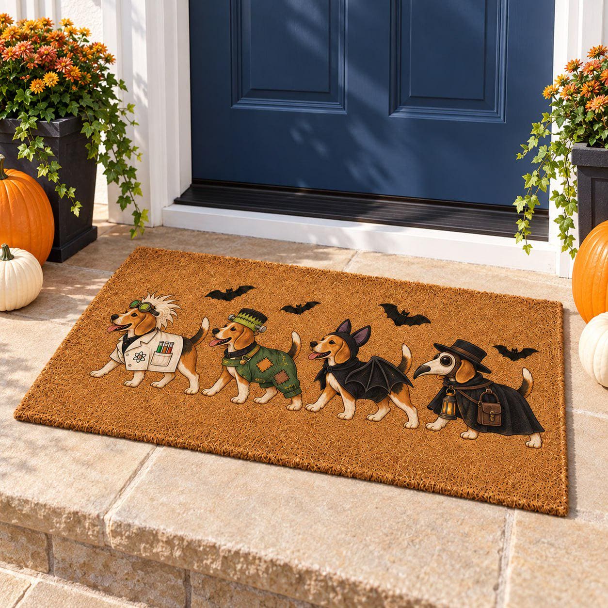Funny Halloween Coir Doormat with Scientist Frankenstein Costume Beagle – Plague Doctor Bat Decor Welcome Mat and Dog Lover Gift - photo 4
