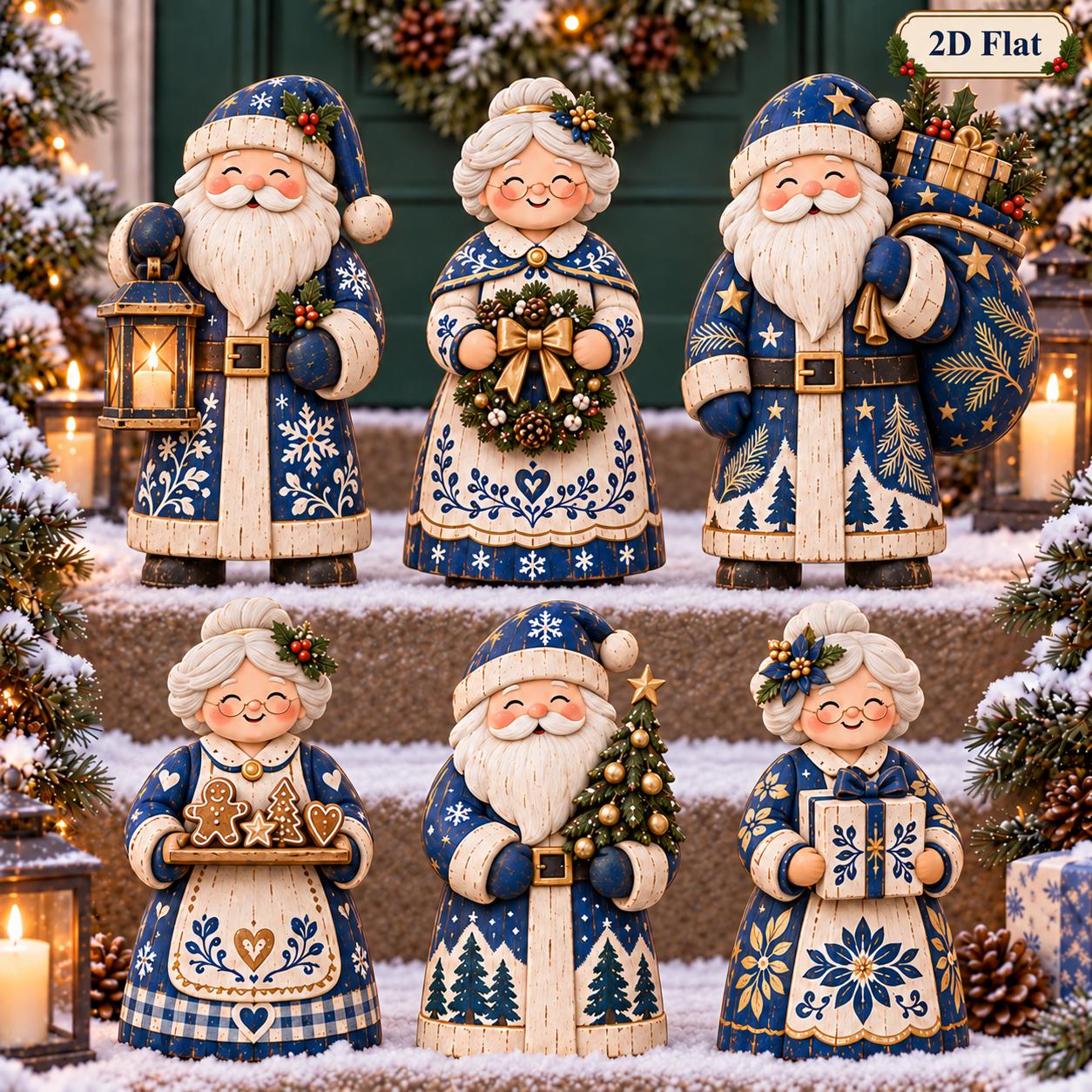 2D Flat Wooden Santa and Mrs Claus Christmas Decor Figurines – Nordic Winter Holiday Farmhouse Shelf Sitters Decoration
