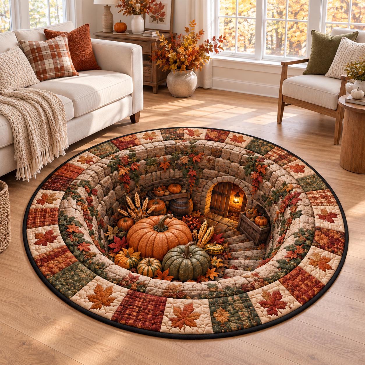 Autumn Fall Pumpkin Hole 3D Illusion Round Rug – Quilted Harvest Cellar Floor Mat for Thanksgiving Farmhouse Decor