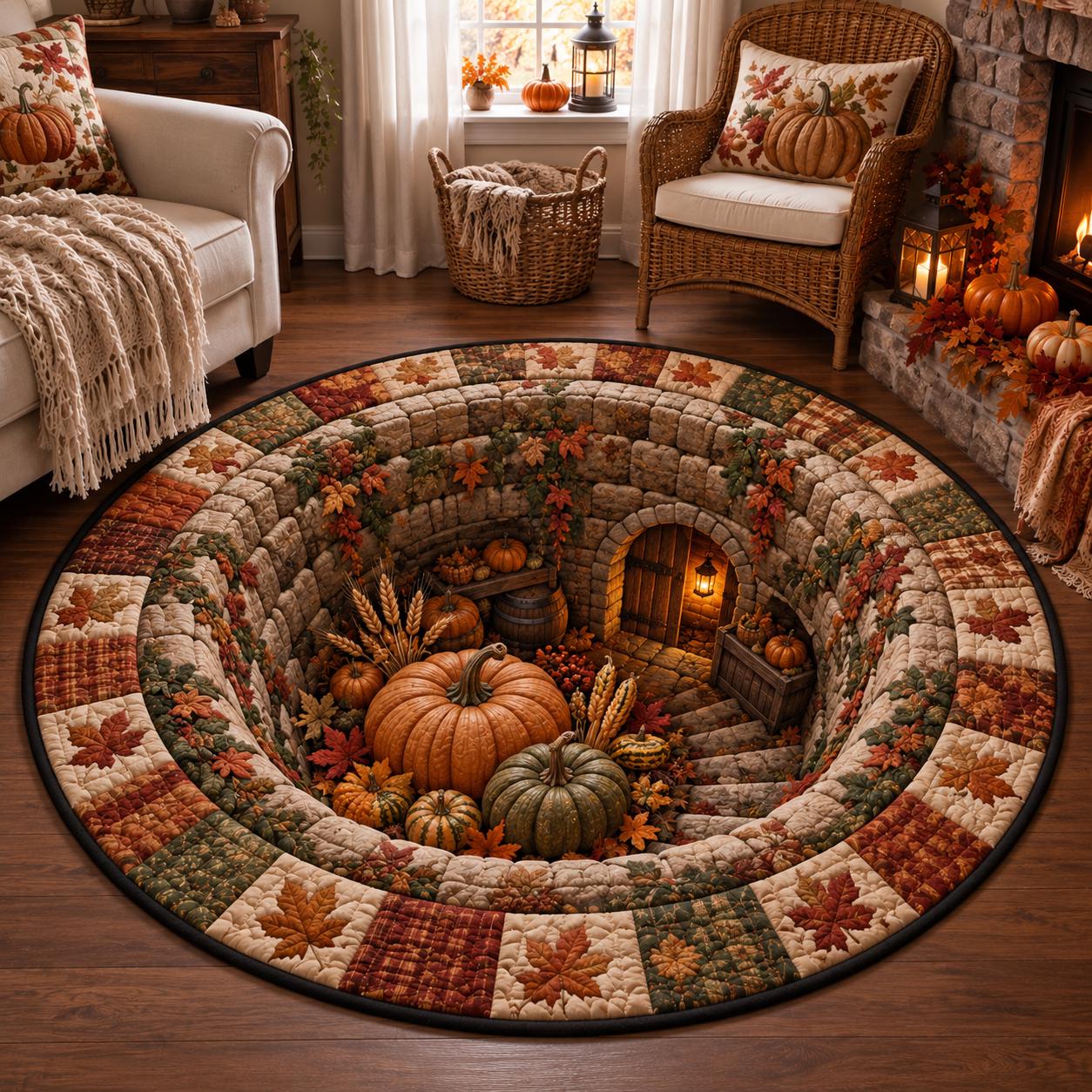 Autumn Fall Pumpkin Hole 3D Illusion Round Rug – Quilted Harvest Cellar Floor Mat for Thanksgiving Farmhouse Decor - photo 2