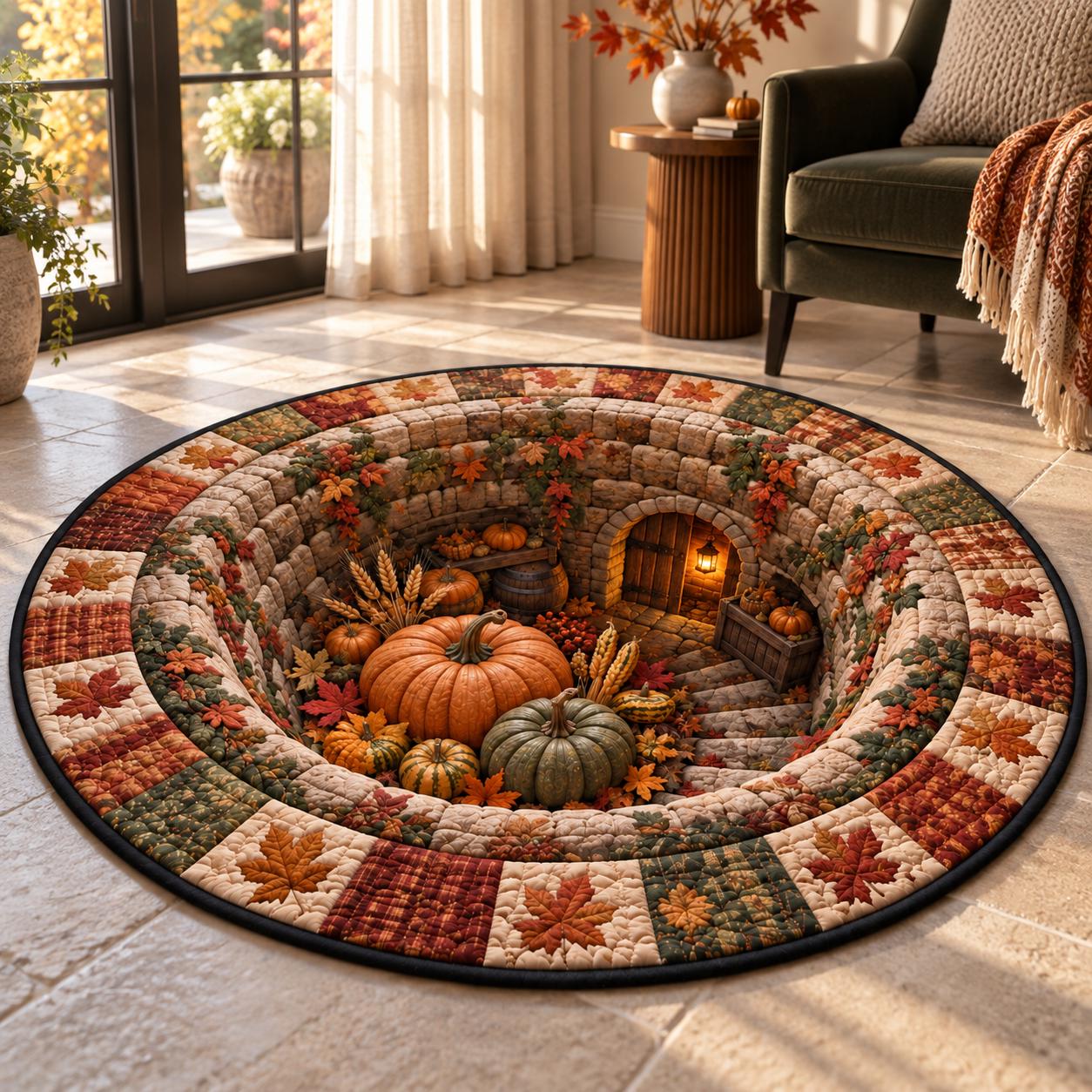 Autumn Fall Pumpkin Hole 3D Illusion Round Rug – Quilted Harvest Cellar Floor Mat for Thanksgiving Farmhouse Decor - photo 6