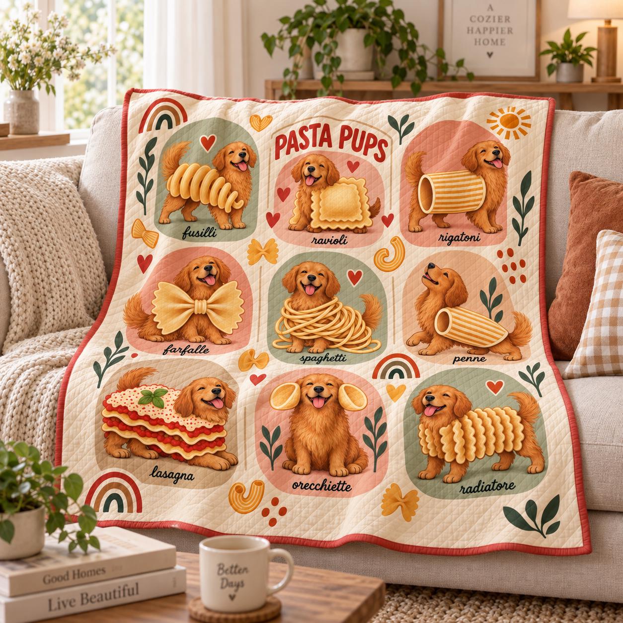 Funny French Bulldog Pasta Pups Blanket – Quilt Style Frenchie Throw for Food Lover and Dog Mom Italian Kitchen Gift