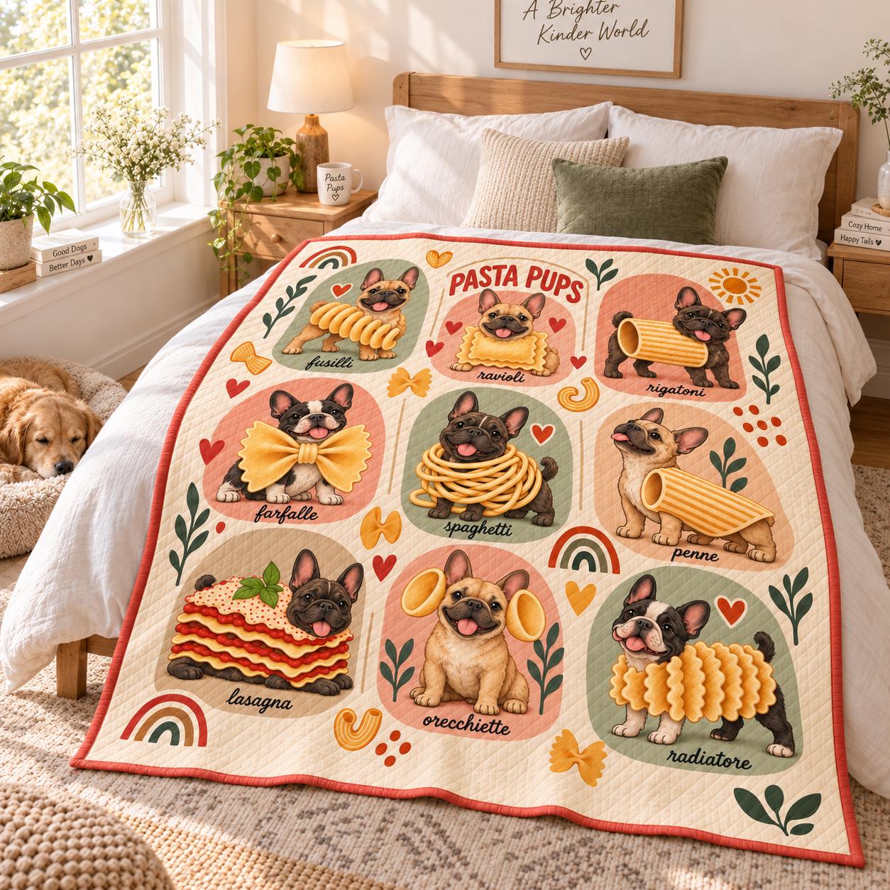 Funny French Bulldog Pasta Pups Blanket – Quilt Style Frenchie Throw for Food Lover and Dog Mom Italian Kitchen Gift - photo 2