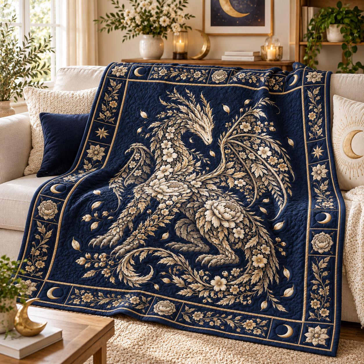 Gothic Floral Celestial Moon Dragon Blanket – Quilt Style Botanical Fantasy Throw for Dragon Lover Gift - photo 1