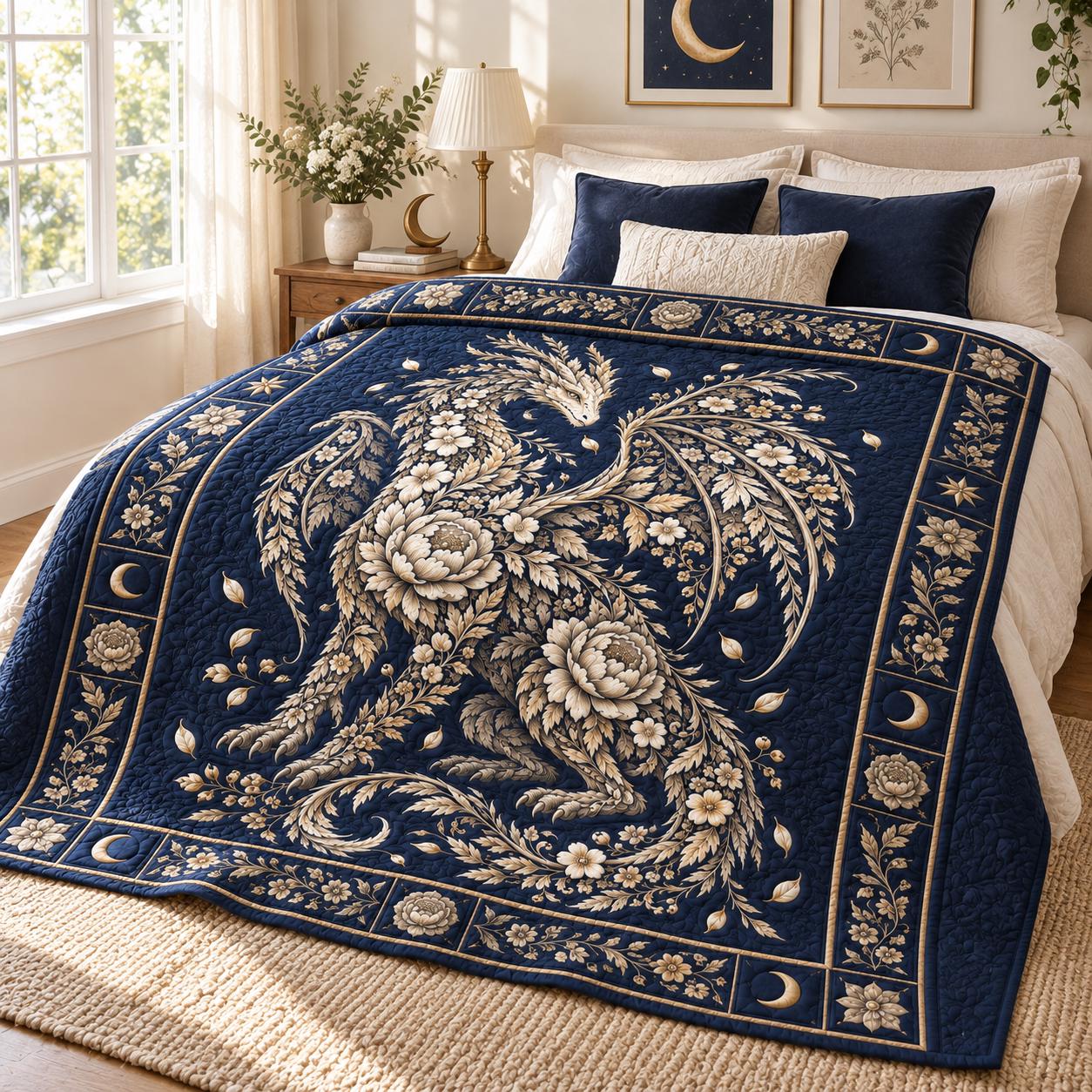Gothic Floral Celestial Moon Dragon Blanket – Quilt Style Botanical Fantasy Throw for Dragon Lover Gift - photo 2