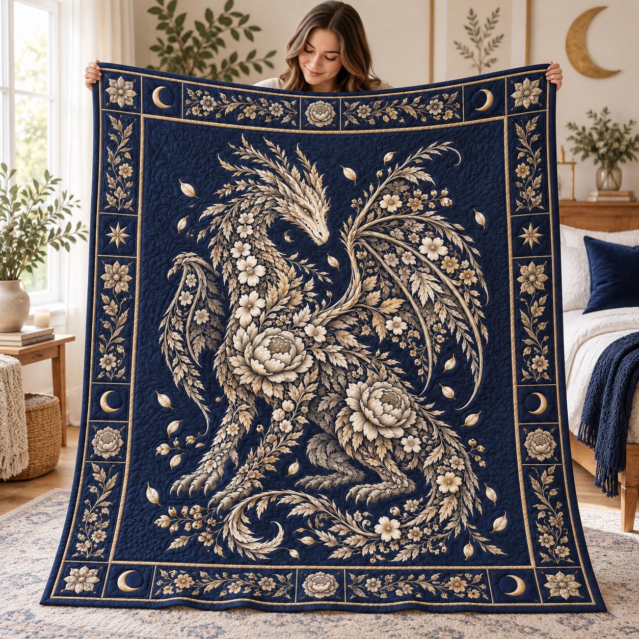 Gothic Floral Celestial Moon Dragon Blanket – Quilt Style Botanical Fantasy Throw for Dragon Lover Gift - photo 3