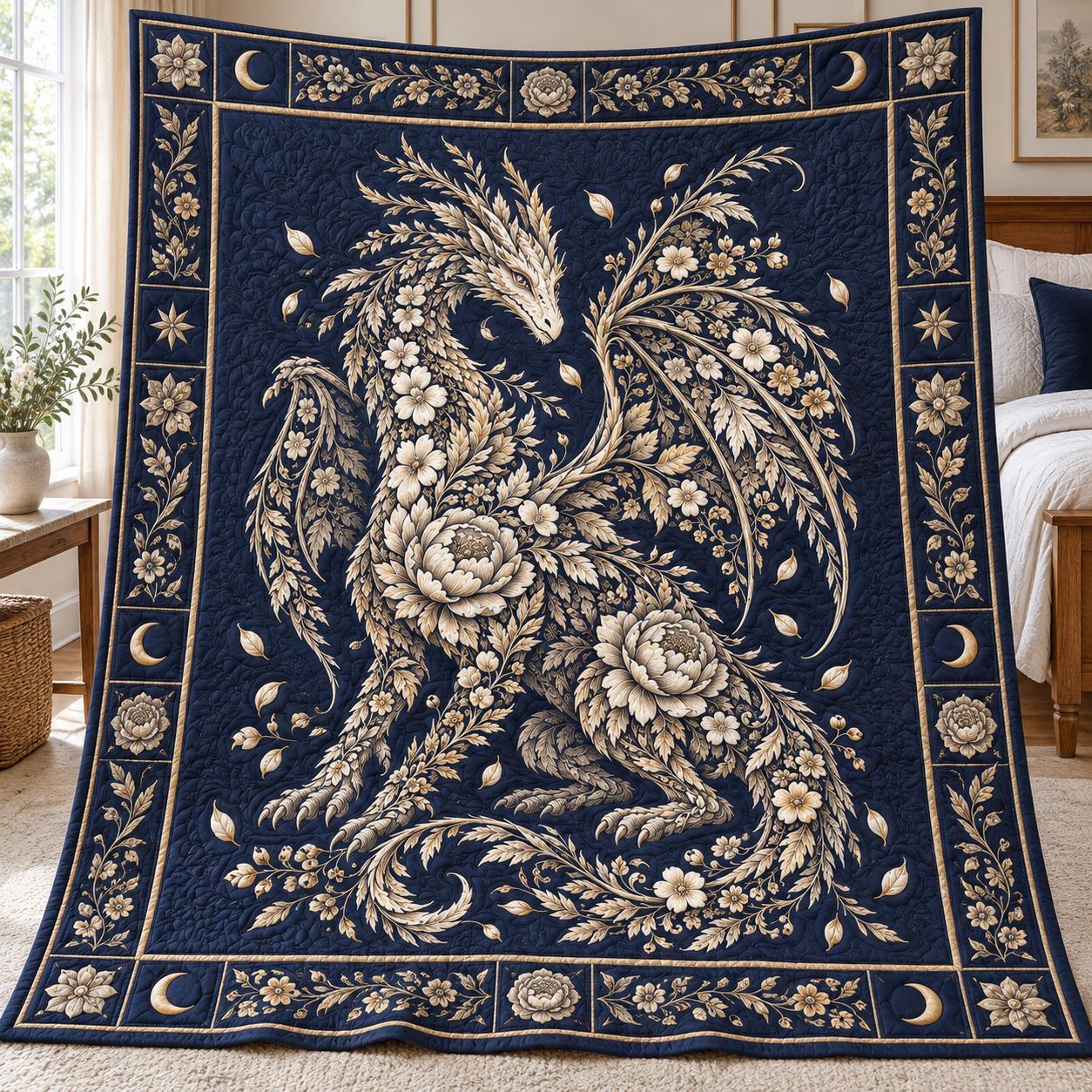 Gothic Floral Celestial Moon Dragon Blanket – Quilt Style Botanical Fantasy Throw for Dragon Lover Gift - photo 6