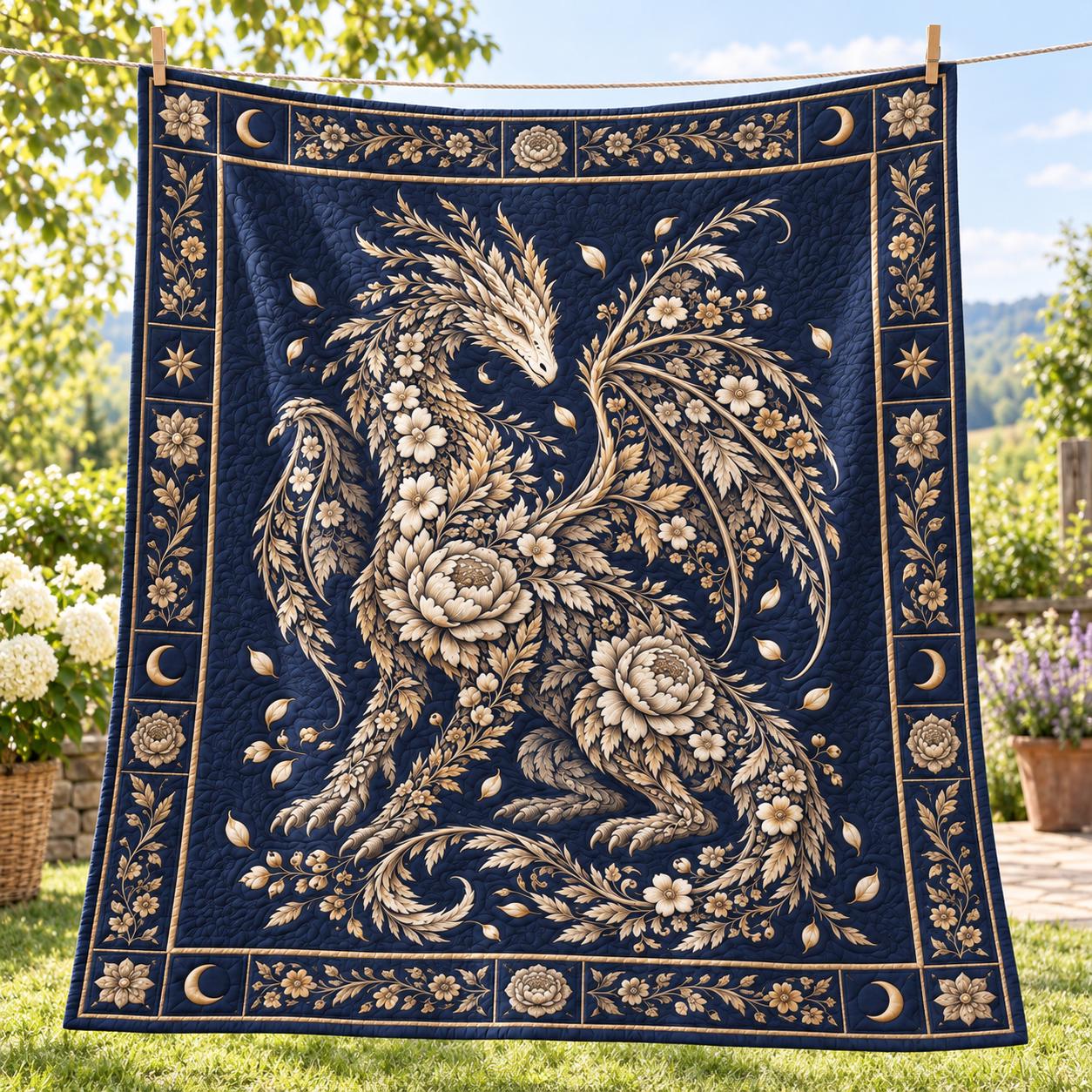 Gothic Floral Celestial Moon Dragon Blanket – Quilt Style Botanical Fantasy Throw for Dragon Lover Gift - photo 7