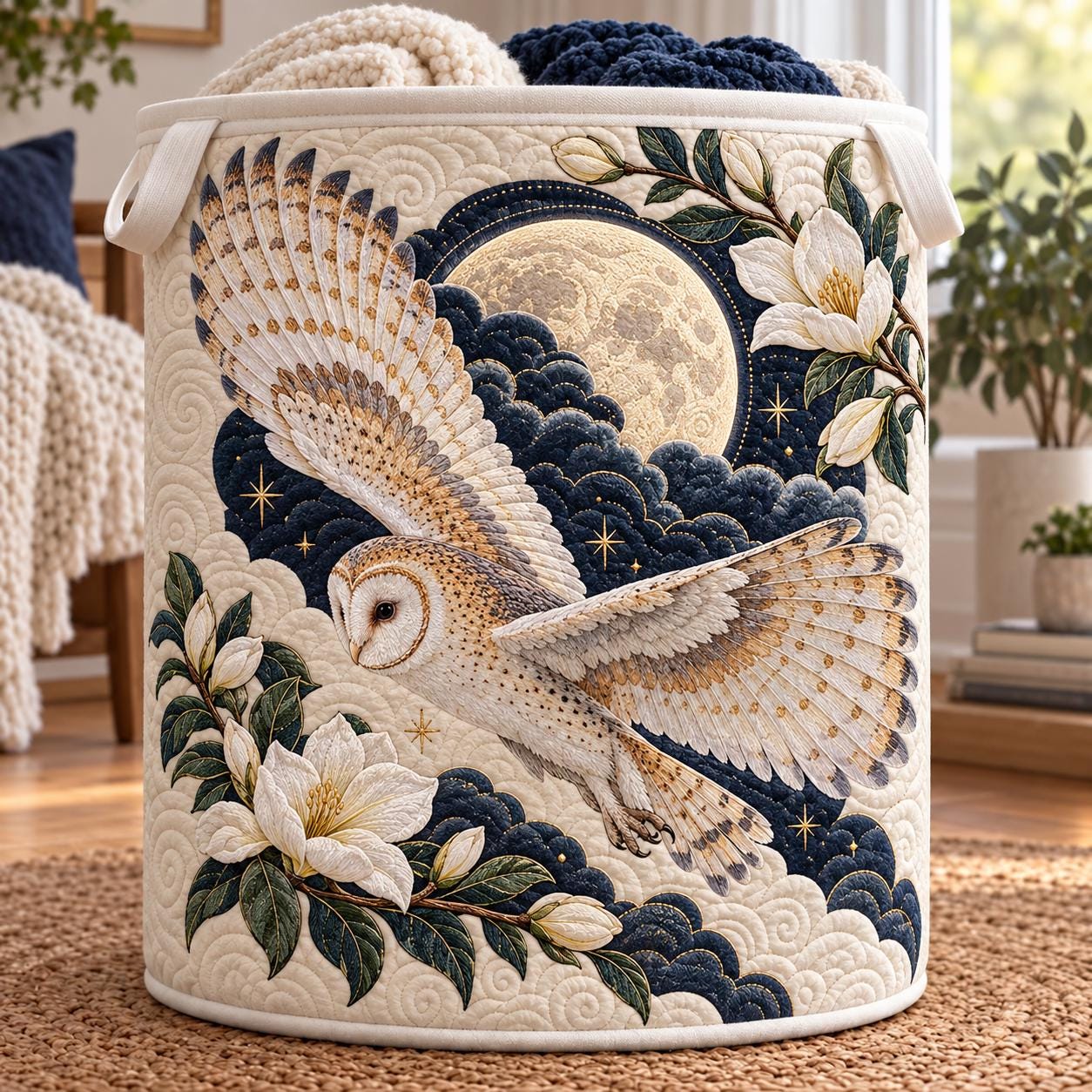 Owl Laundry Basket – Quilt Style Moon Floral Hamper with Celestial Bird Storage Bin, Quilted Nursery Organizer and Owl Lover Home Decor Gift
