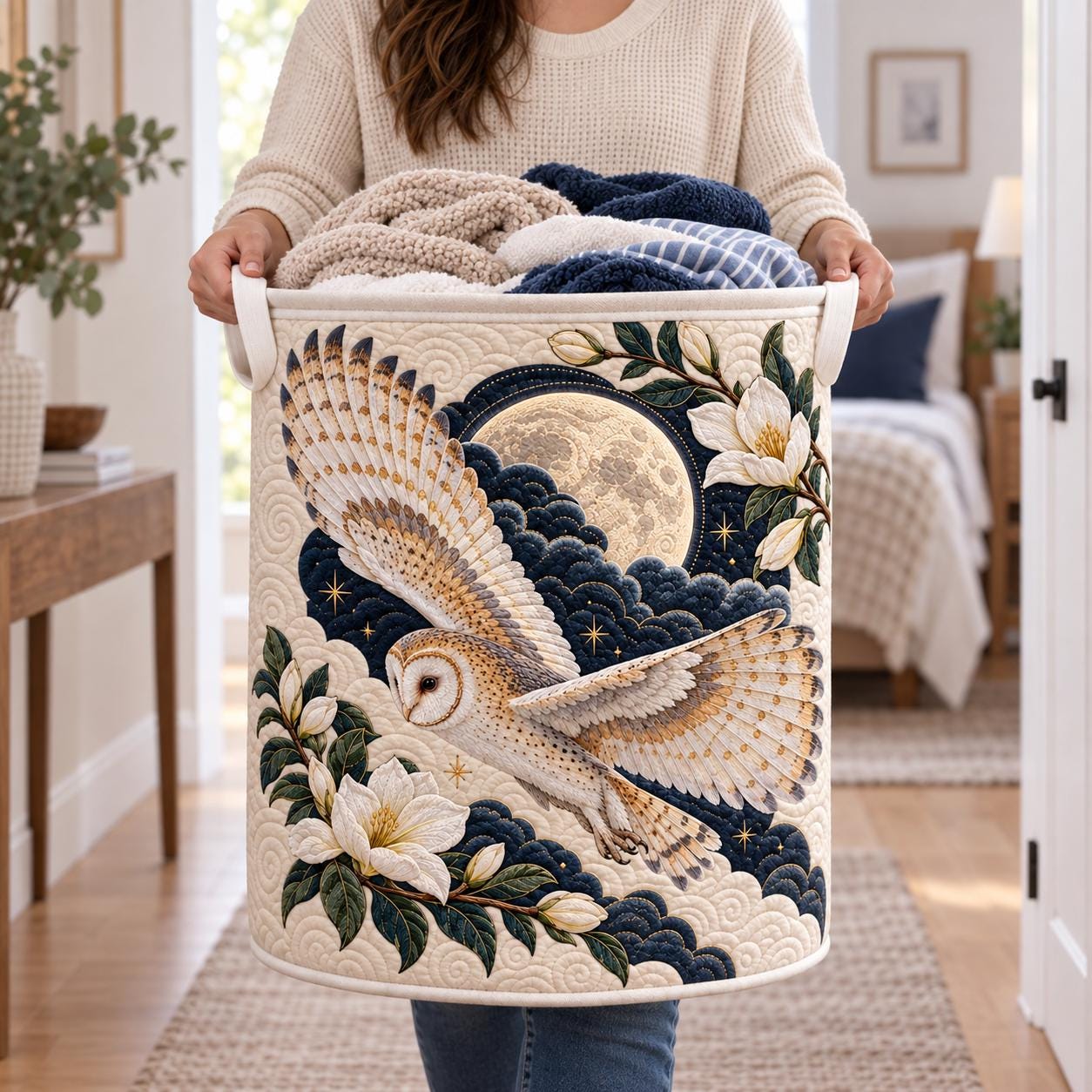 Owl Laundry Basket – Quilt Style Moon Floral Hamper with Celestial Bird Storage Bin, Quilted Nursery Organizer and Owl Lover Home Decor Gift - photo 2