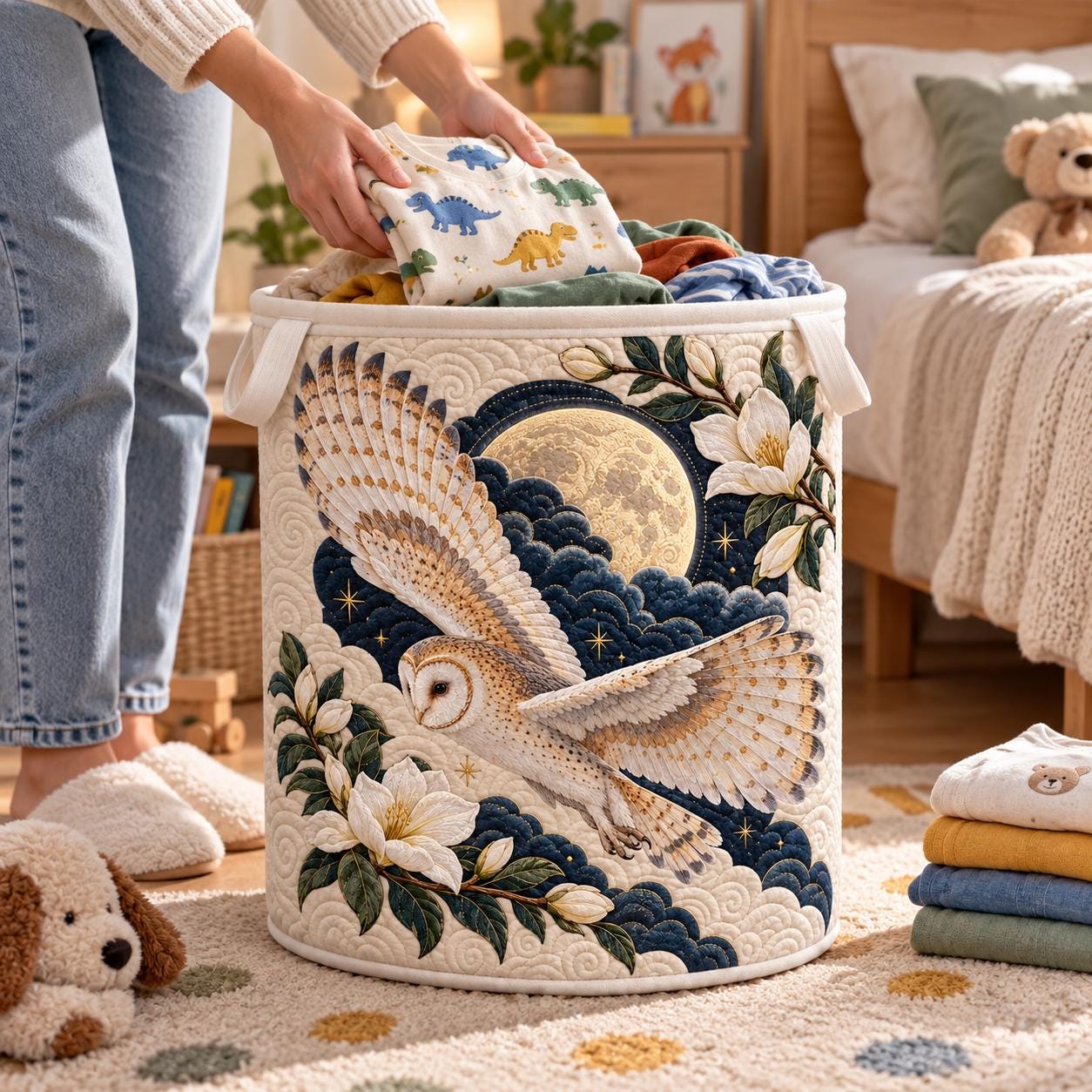 Owl Laundry Basket – Quilt Style Moon Floral Hamper with Celestial Bird Storage Bin, Quilted Nursery Organizer and Owl Lover Home Decor Gift - photo 3