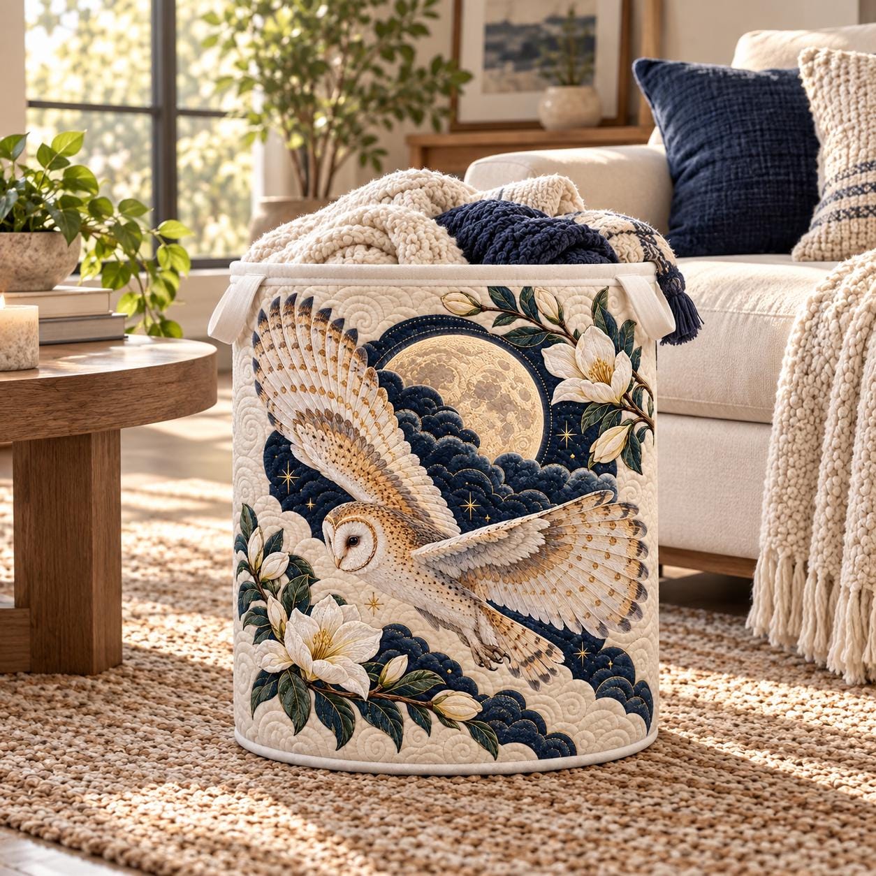 Owl Laundry Basket – Quilt Style Moon Floral Hamper with Celestial Bird Storage Bin, Quilted Nursery Organizer and Owl Lover Home Decor Gift - photo 5