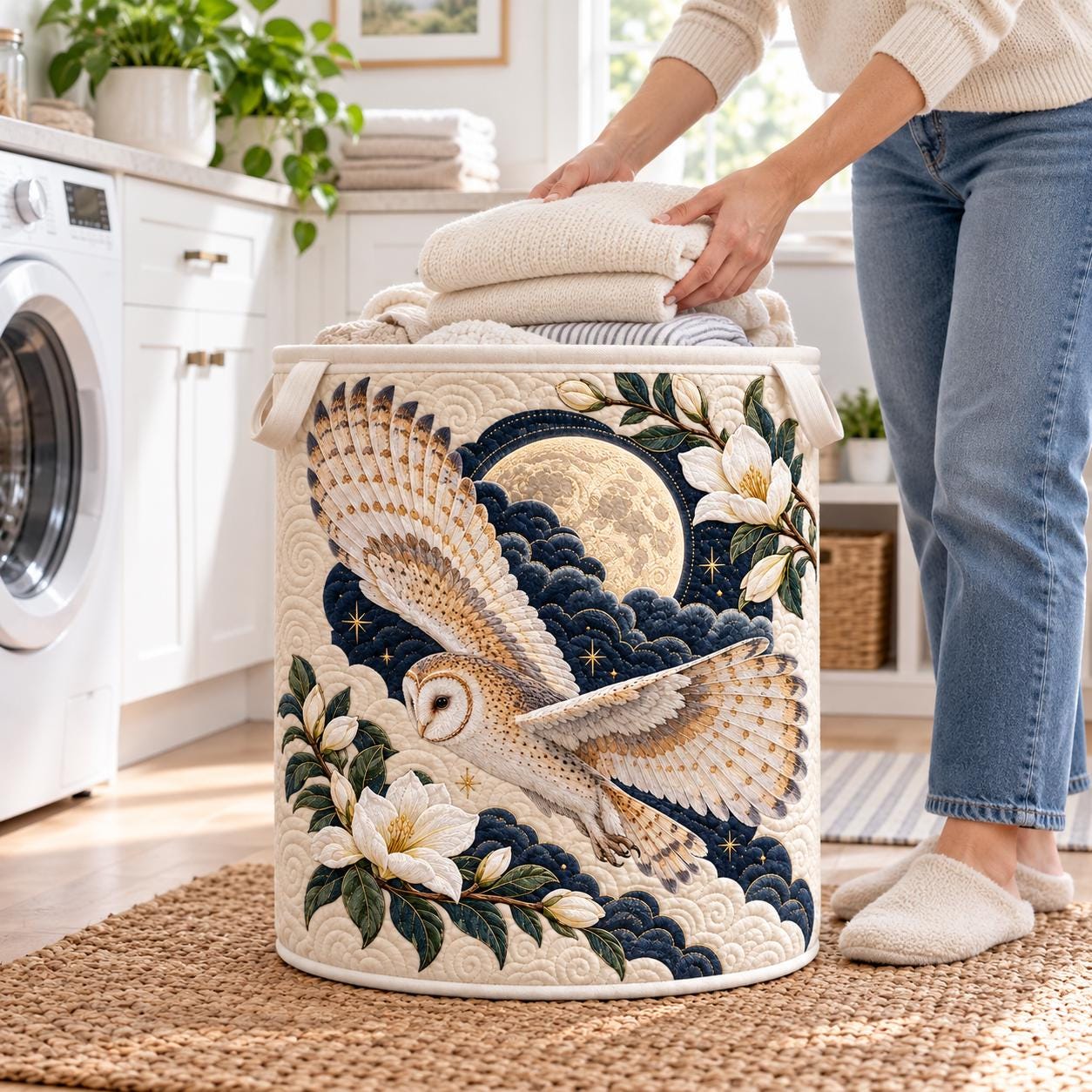 Owl Laundry Basket – Quilt Style Moon Floral Hamper with Celestial Bird Storage Bin, Quilted Nursery Organizer and Owl Lover Home Decor Gift - photo 6