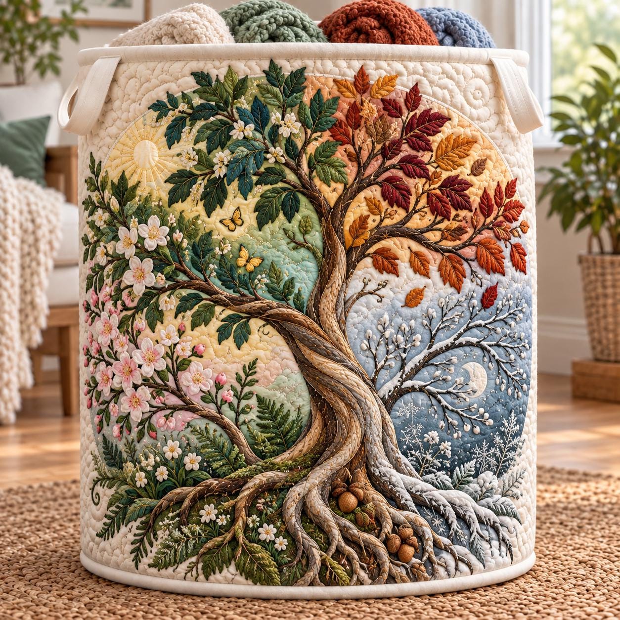Four Seasons Laundry Basket – Quilt Style Tree of Life Hamper with Botanical Storage Bin, Nature Home Organizer and Seasonal Tree Decor Gift