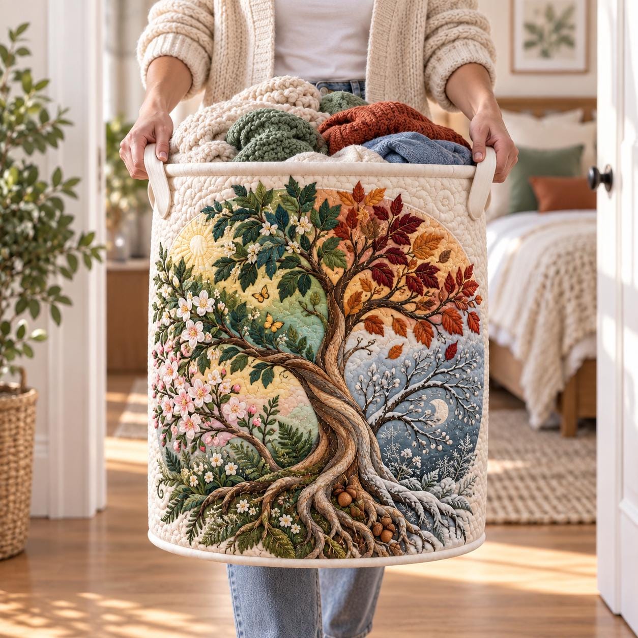 Four Seasons Laundry Basket – Quilt Style Tree of Life Hamper with Botanical Storage Bin, Nature Home Organizer and Seasonal Tree Decor Gift - photo 2
