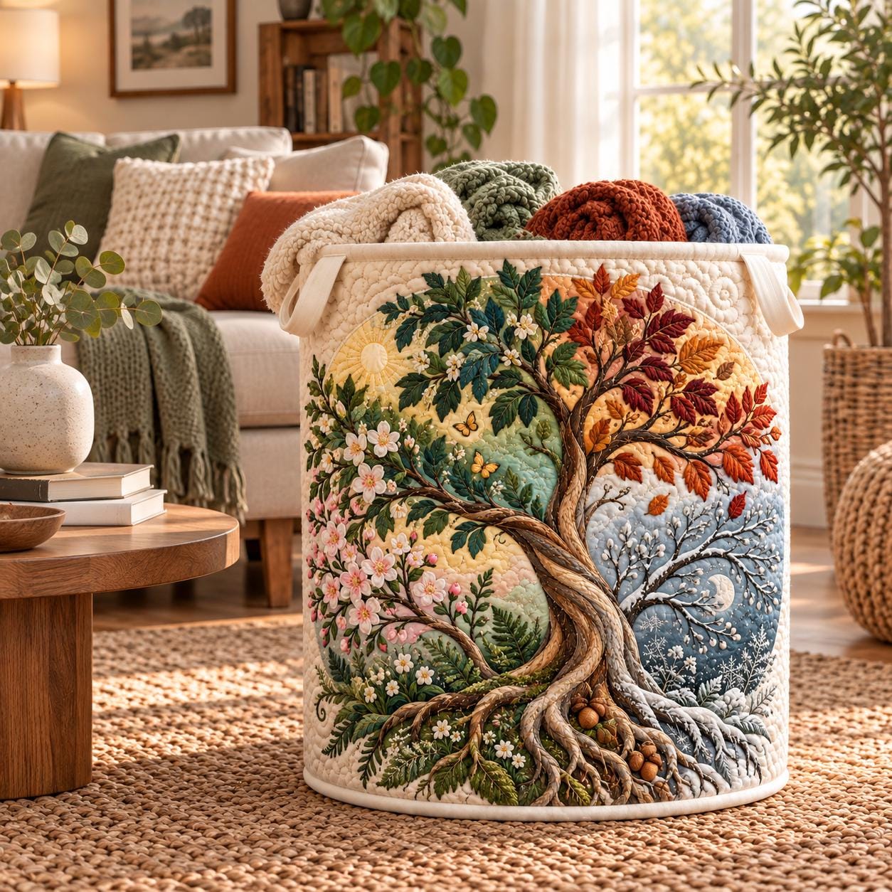 Four Seasons Laundry Basket – Quilt Style Tree of Life Hamper with Botanical Storage Bin, Nature Home Organizer and Seasonal Tree Decor Gift - photo 4