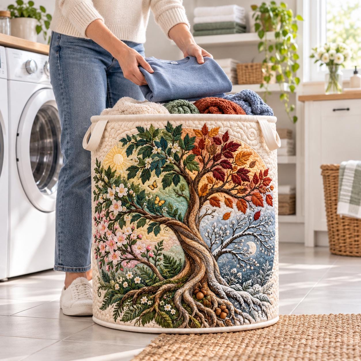 Four Seasons Laundry Basket – Quilt Style Tree of Life Hamper with Botanical Storage Bin, Nature Home Organizer and Seasonal Tree Decor Gift - photo 5