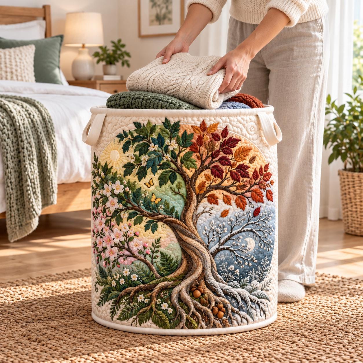 Four Seasons Laundry Basket – Quilt Style Tree of Life Hamper with Botanical Storage Bin, Nature Home Organizer and Seasonal Tree Decor Gift - photo 6